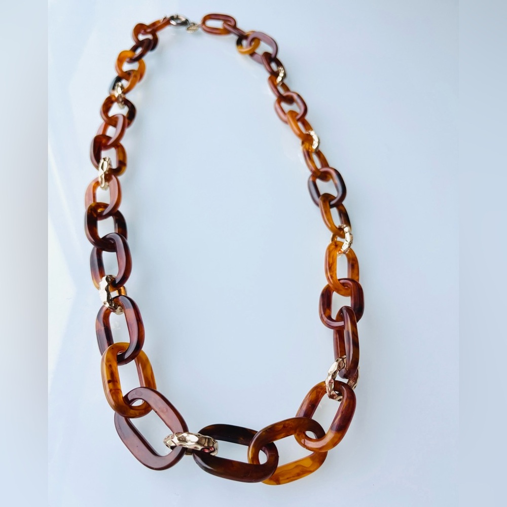 Vintage Marlyn Schiff Chunky Statement Necklace Tortoise Shell Color Chainlink